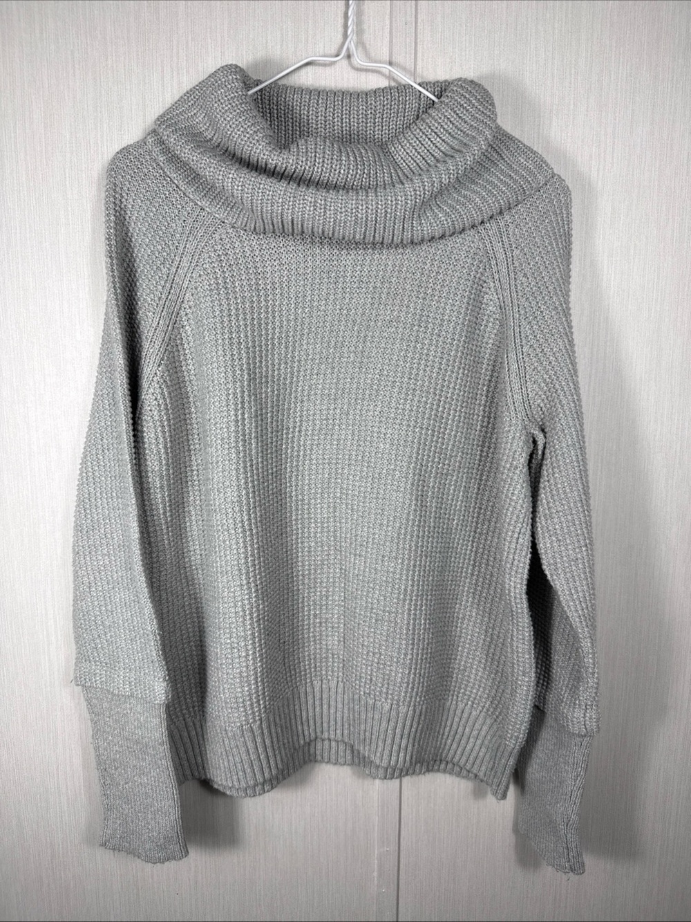 Market & Spruce L Gray Cowl Neck Waffle Knit Sweater Thumbholes Cozy